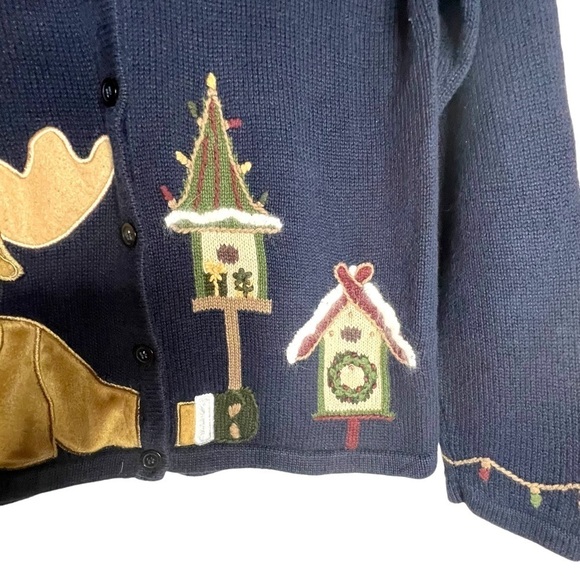Vintage Moose & Birdhouse Christmas Sweater Cardigan Navy Size S - Picture 3 of 8
